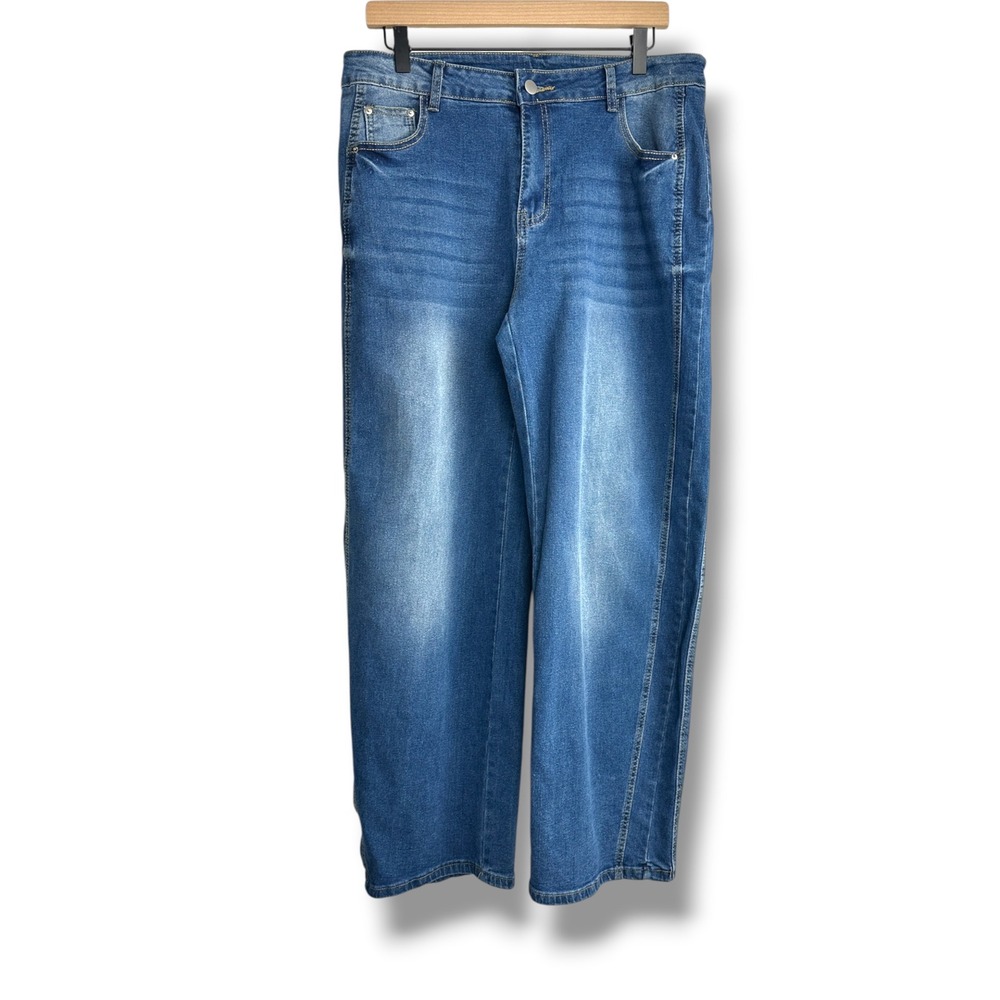 HME Wide Leg Jeans Womens XXL Blue Medium Wash High Rise Stretch Denim
